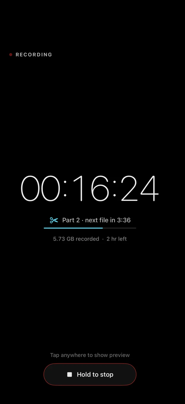 The actual dark recording screen with its recording duration and visible recording indicator